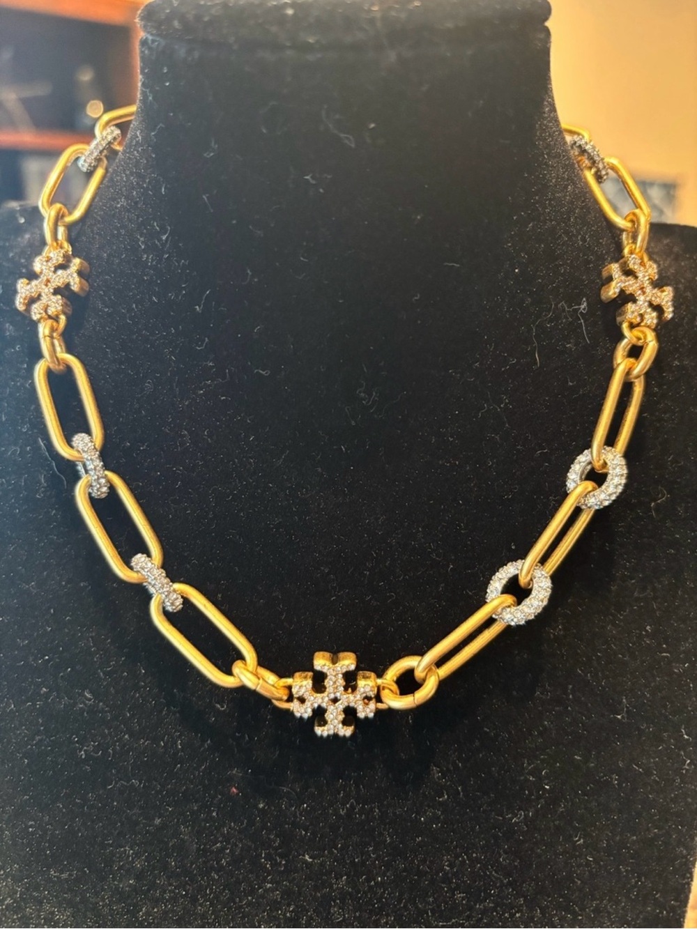 Tory Burch Gold-Tone Link Necklace with Pave Crystal Logo Accents